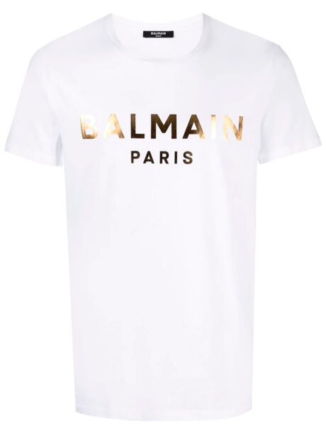 Imagem de: Camiseta Balmain Paris Branca com Logo Dourado