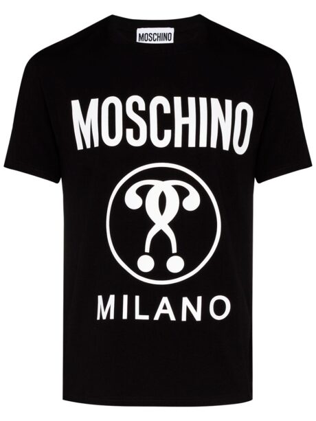 Imagem de: Camiseta Moschino Preta com Logo Interrogação Dupla Branco