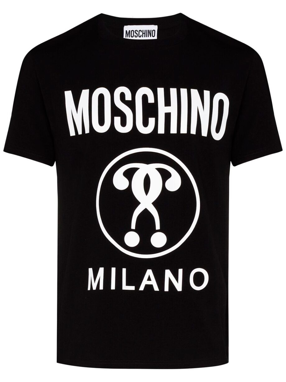 Imagem de: Camiseta Moschino Preta com Logo Interrogação Dupla Branco