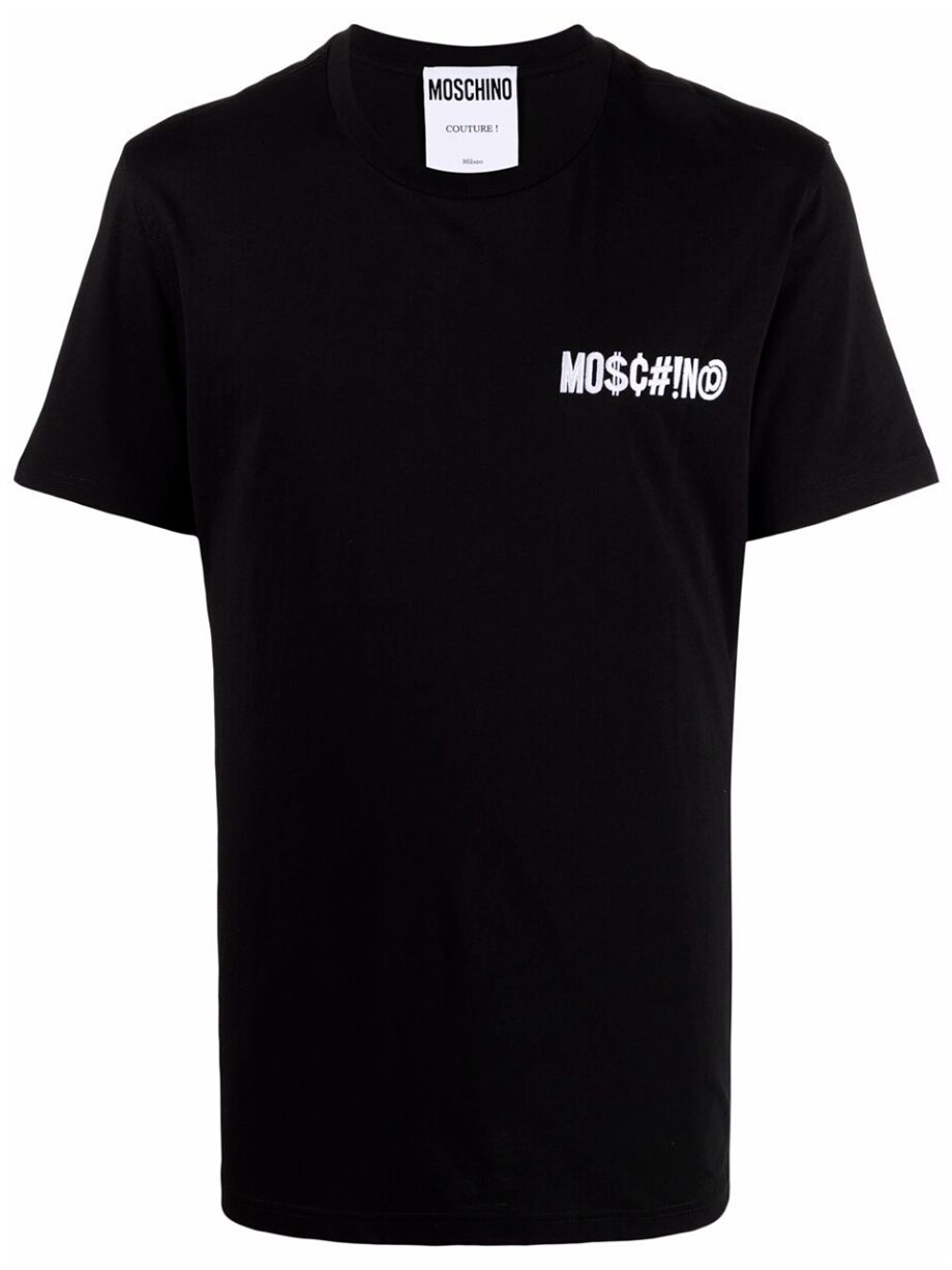 Imagem de: Camiseta Moschino Preta com Logo Symbols Pequeno Branco