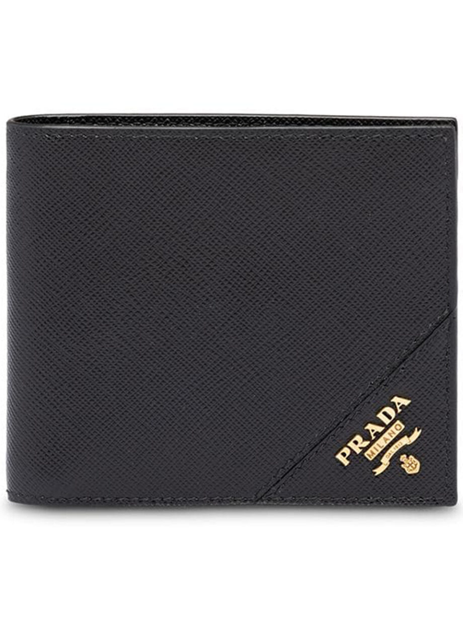 Imagem de: Carteira Prada Saffiano de Couro Preta com Logo Dourado